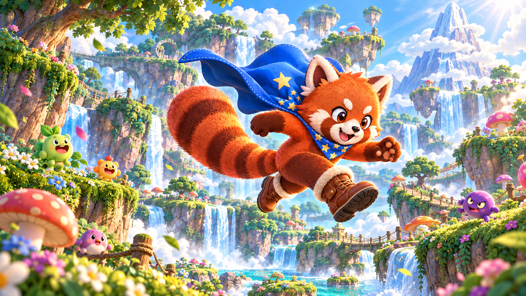Mochi, a red panda in a blue star cape and brown boots, leaps through a lush world of floating islands and waterfalls